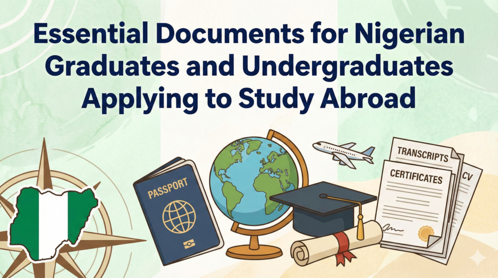 Blog banner illustration featuring a globe, a graduation cap, and a Nigerian passport. The title text reads: Essential Documents for Nigerian Graduates and Undergraduates Applying to Study Abroad